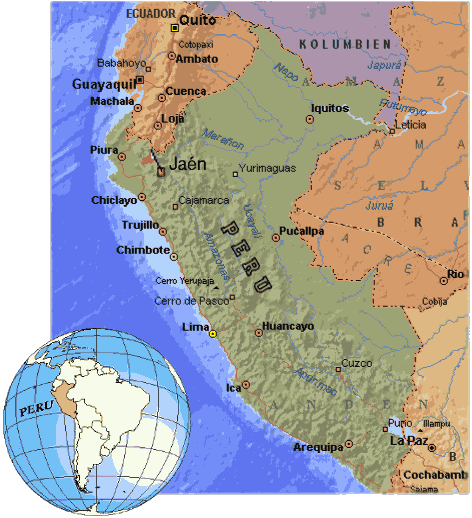 Map of Peru with flag at Jaén